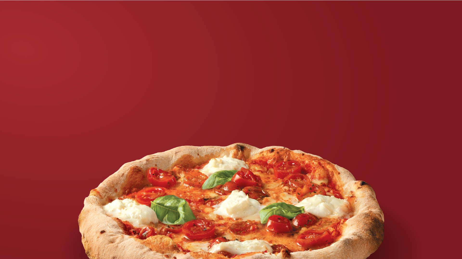 Pizza délicieuse avec tomates, basilic et mozzarella sur fond rouge.